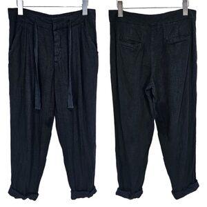 Free People Black Linen Rayon Blend Drawstring Waist Button Fly Rolled Leg Pants